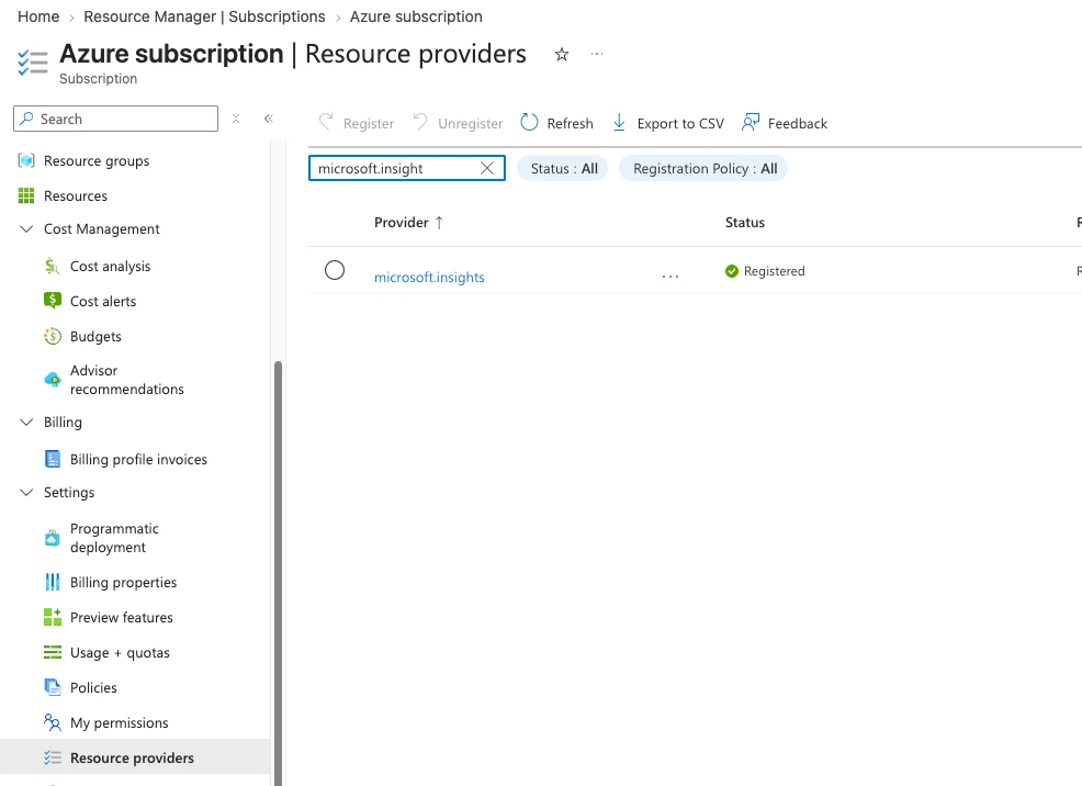 azure resource provider registered