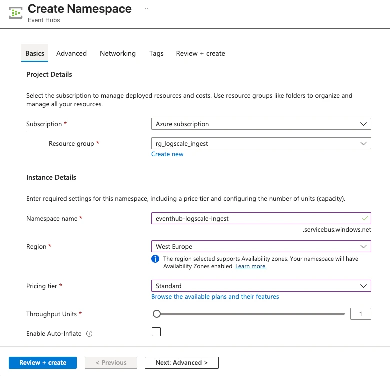 azure event hubs namespace create