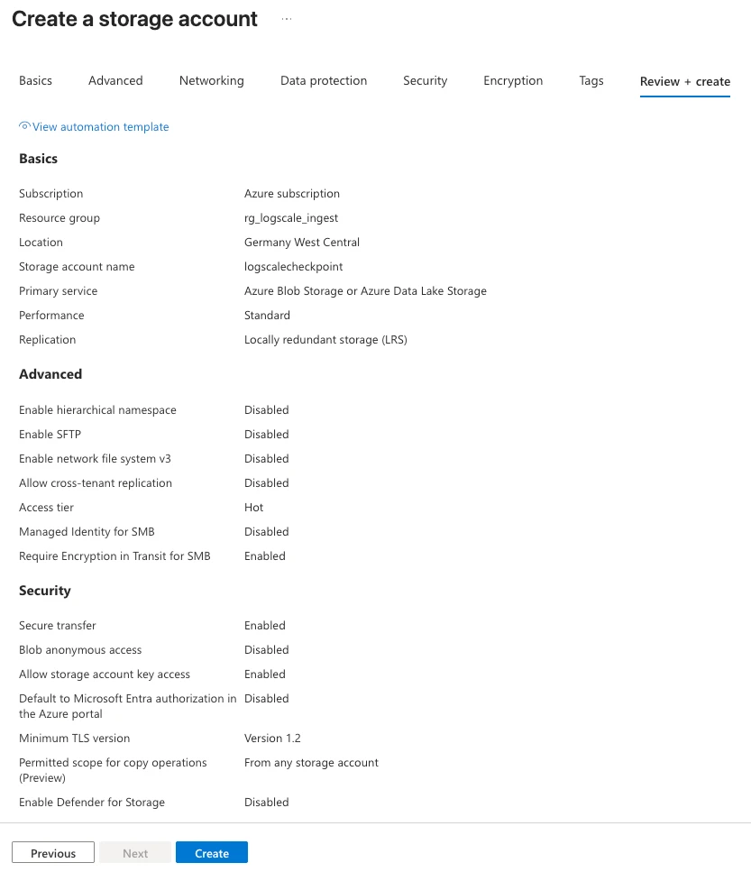azure storage account create