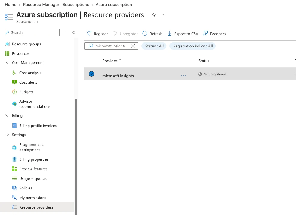 azure resource provider before register