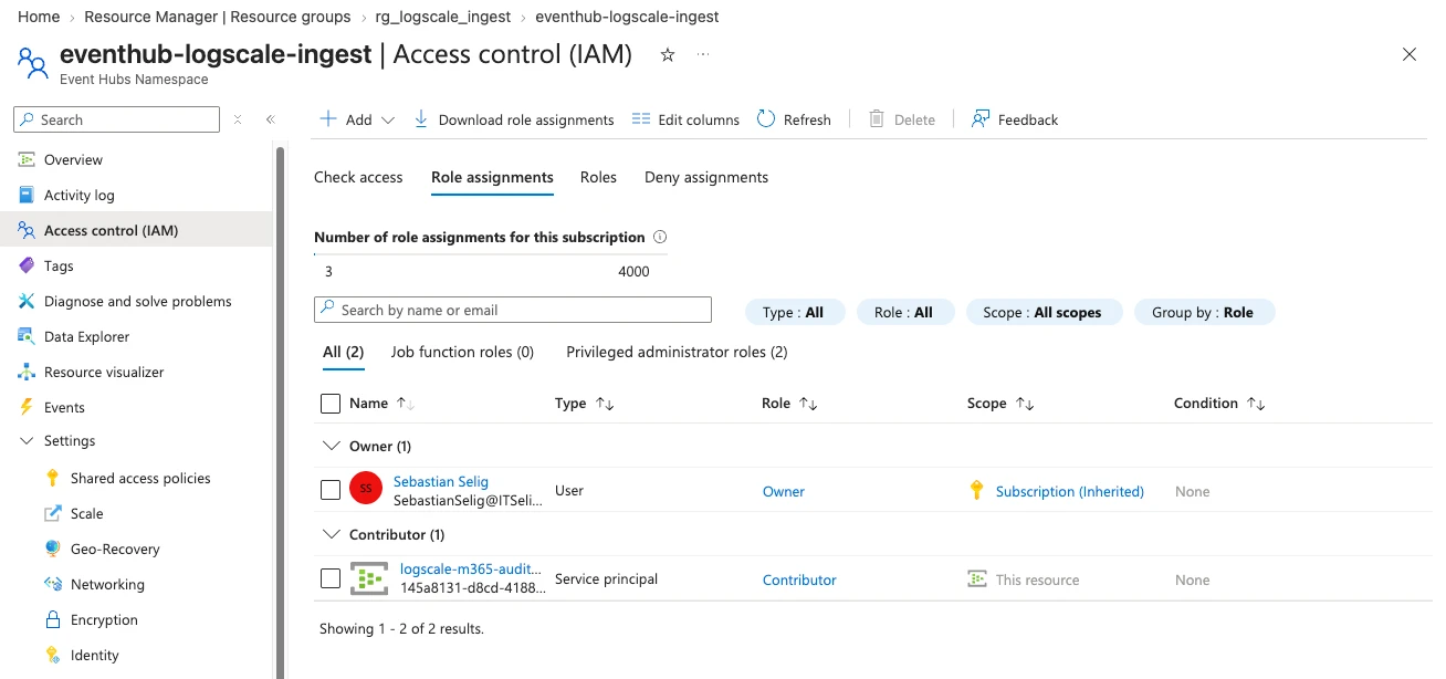 azure event hub role assignment