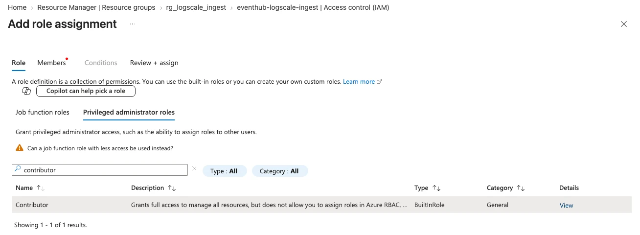 azure event hub contributor select